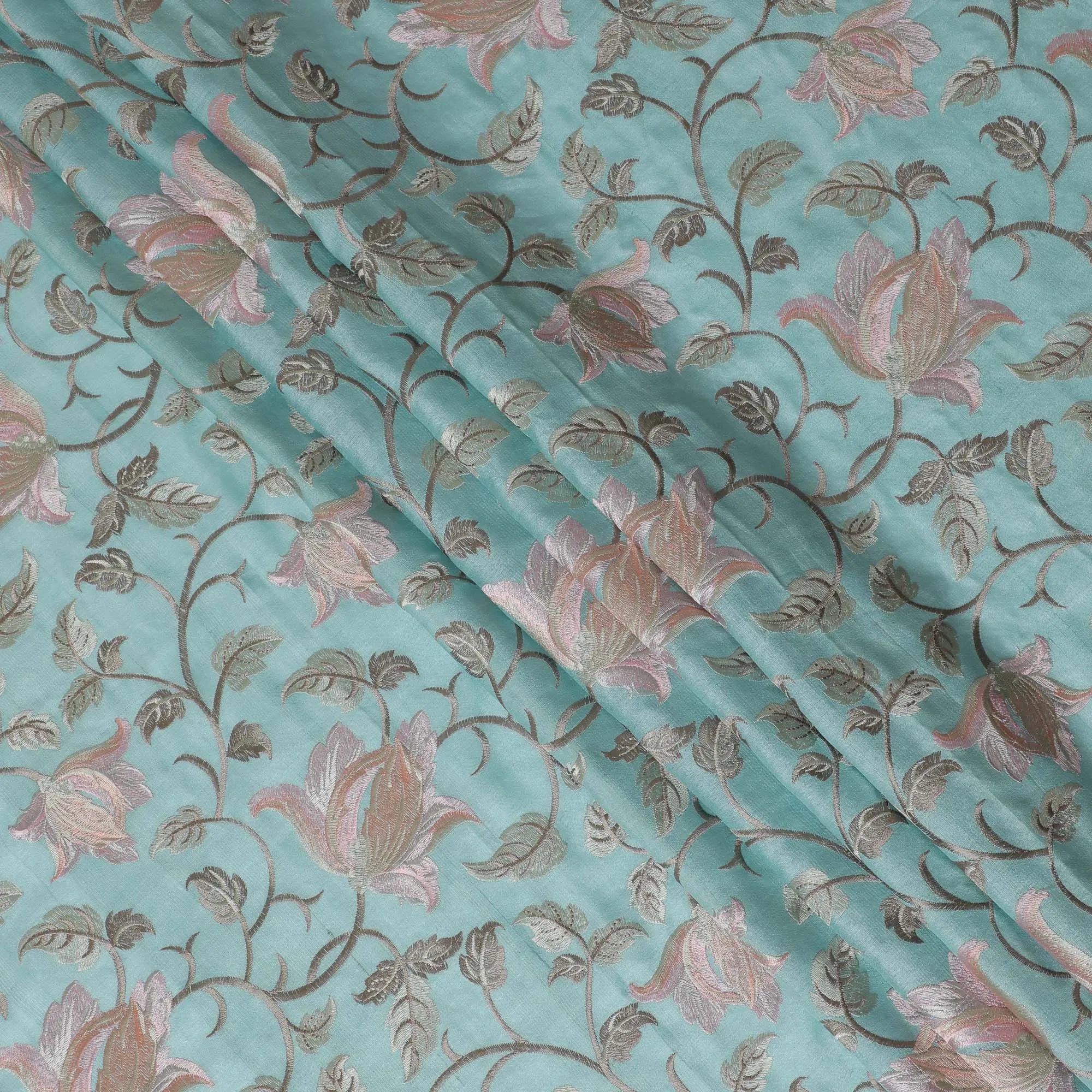 Exquisite Aqua Blue Tussar Silk Fabric with Floral Embroidery - 110 cm Wide - D19611