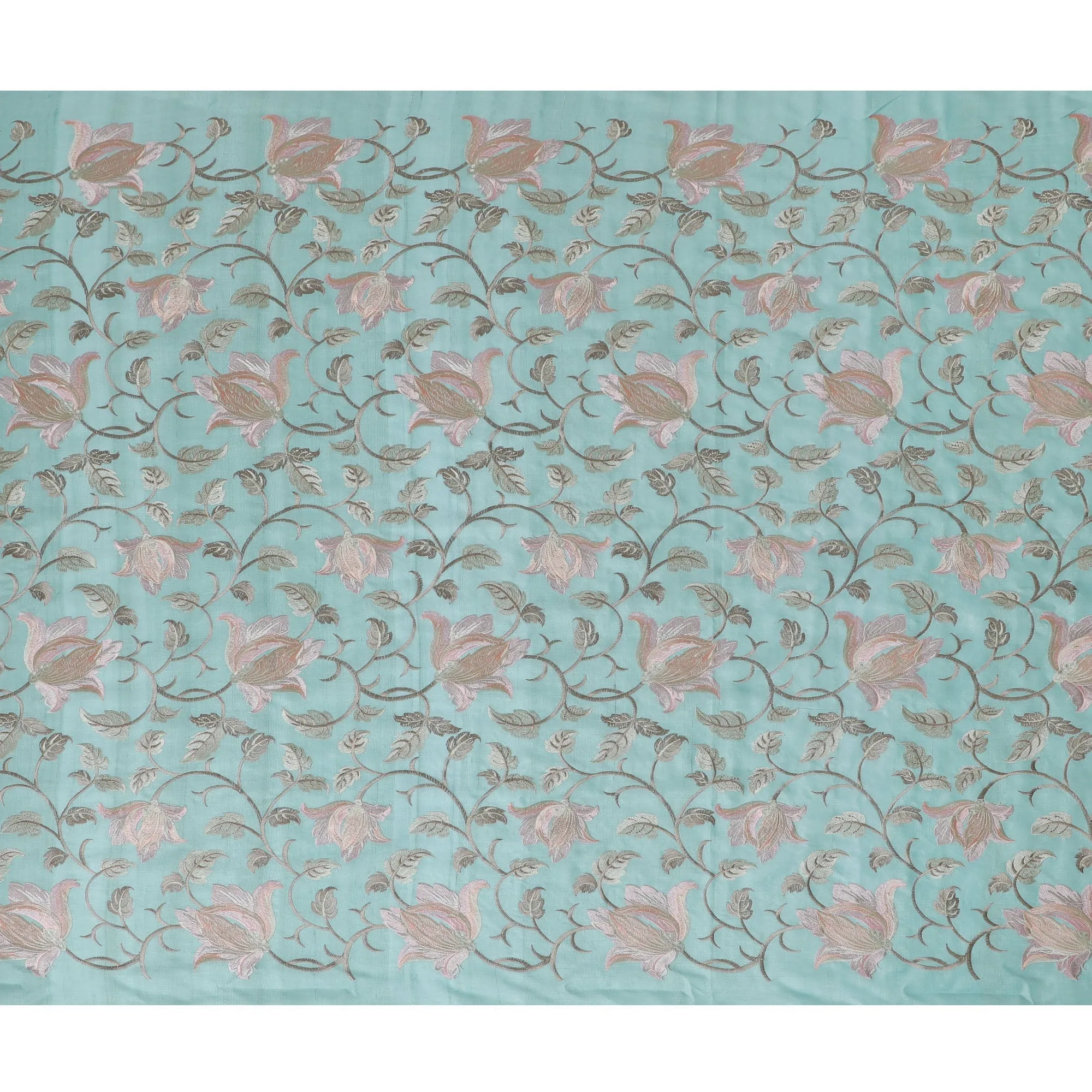 Exquisite Aqua Blue Tussar Silk Fabric with Floral Embroidery - 110 cm Wide - D19611