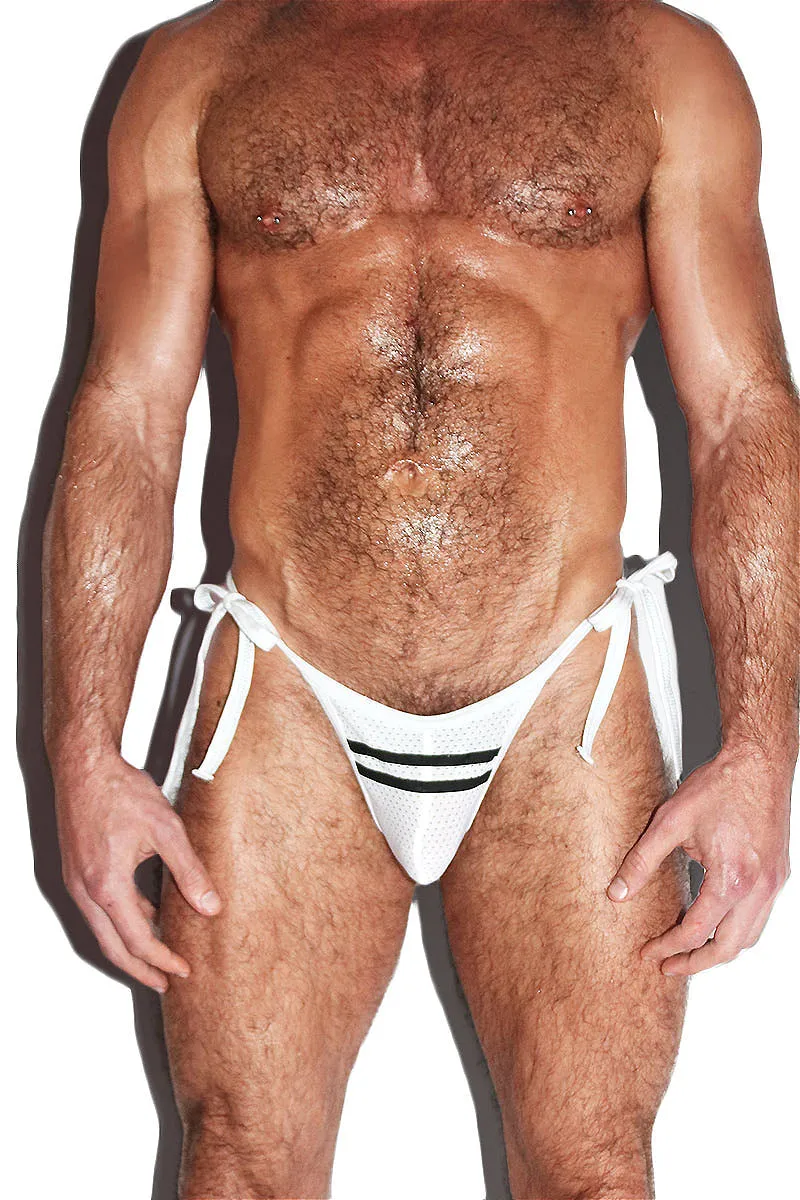 Football Mesh Stripe Tied Up String Thong- White