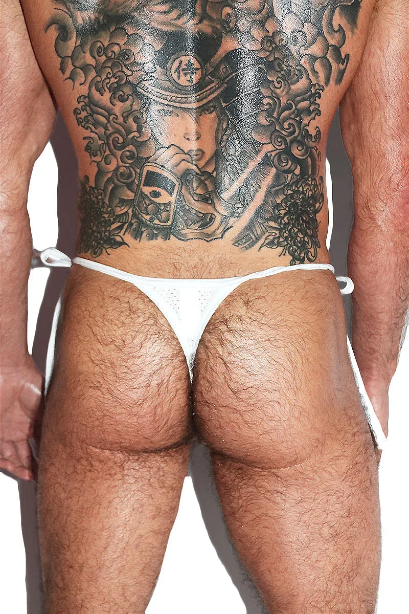 Football Mesh Stripe Tied Up String Thong- White