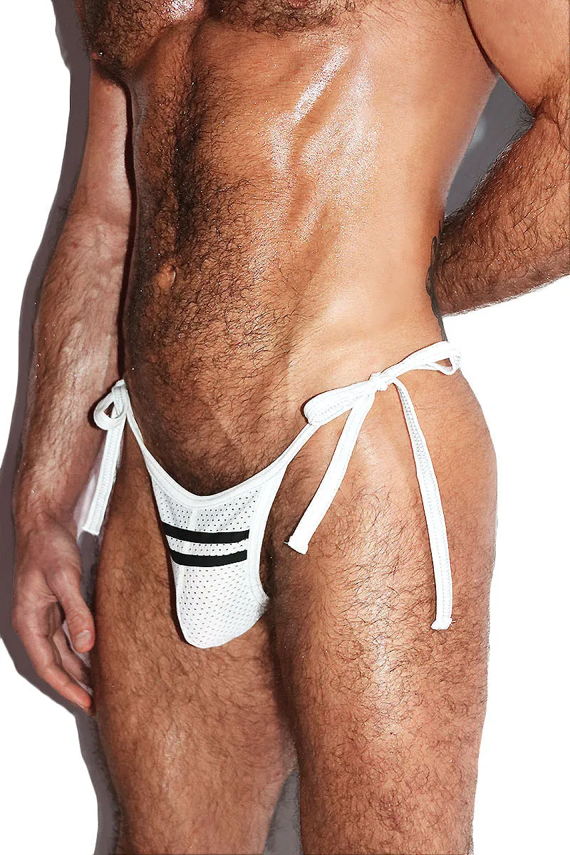 Football Mesh Stripe Tied Up String Thong- White