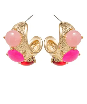 Fuchsia & Gold Stone Dome Shape Textured Hoops