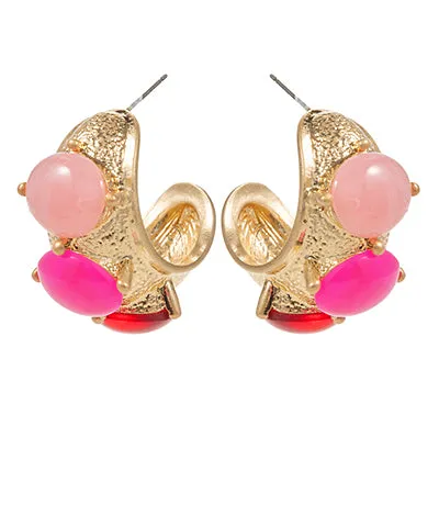 Fuchsia & Gold Stone Dome Shape Textured Hoops