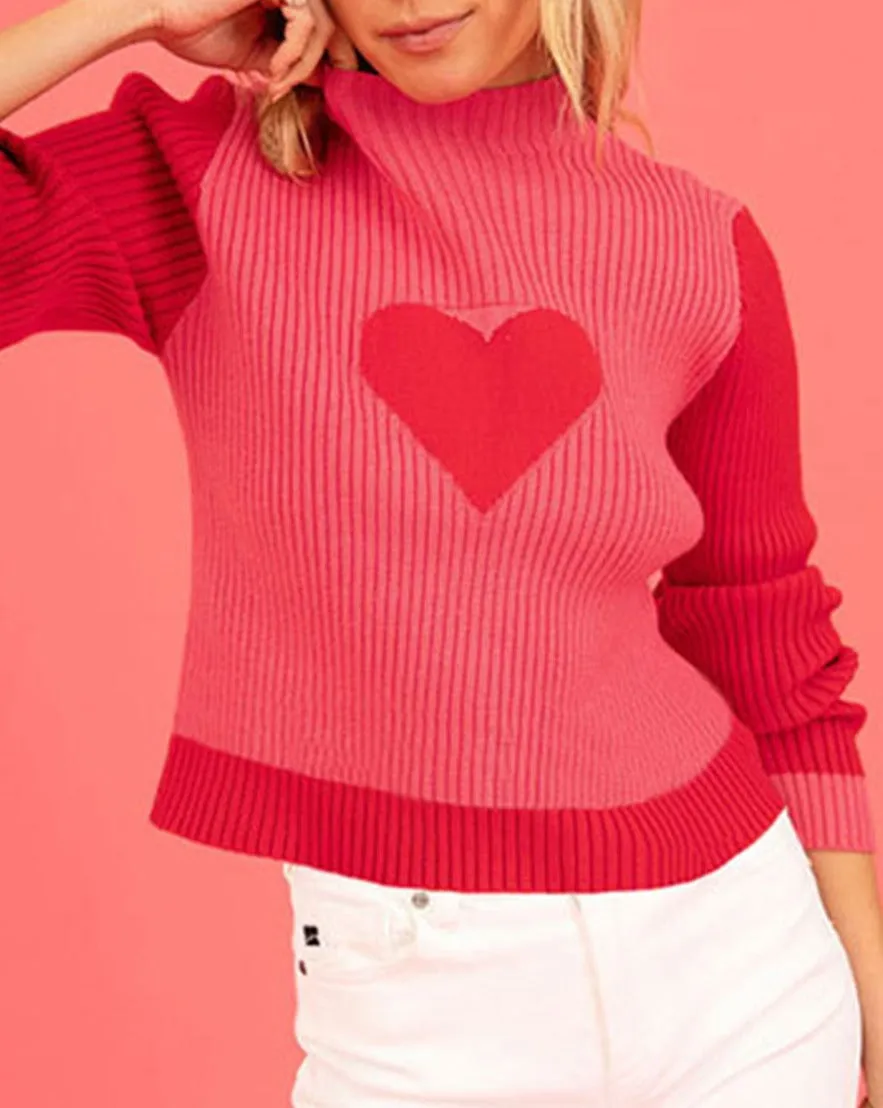 Heart Colorblock Mock Neck Sweater