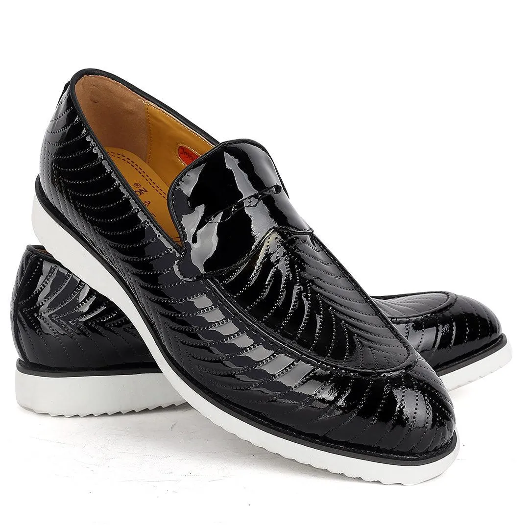 John Mendson Exquisite Leather Pattern Glossy  Shoe With White Designed Sole