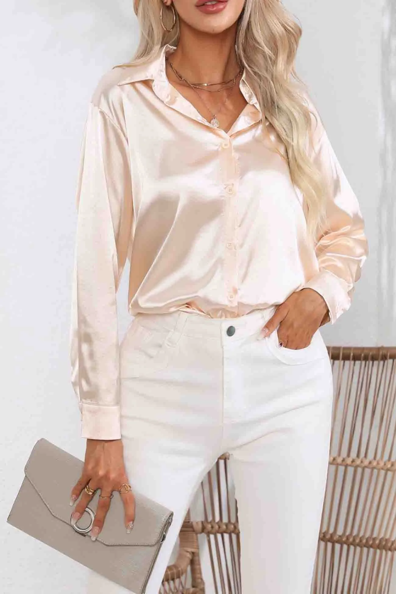 Lapel Satin Button Up Blouse