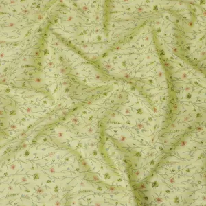 Lime Green Uragiri Cotton Voile Fabric with Pastel Floral Print, 110 cm Wide - Fresh Indian Textile-D18988