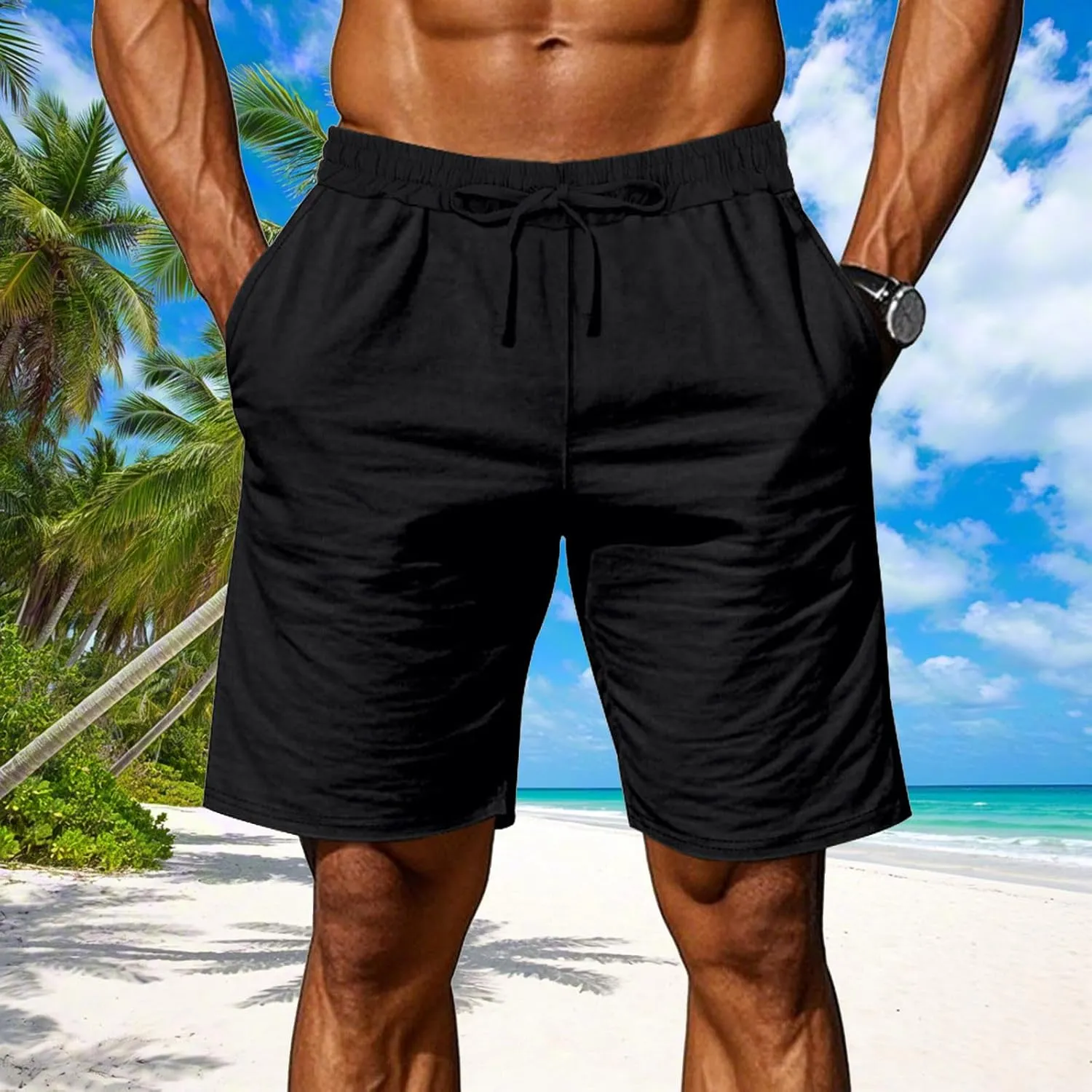 Linen Shorts for Men Summer Casual Drawstring Elastic Waist Shorts Relaxed Fit Vacation Beach Short Pants