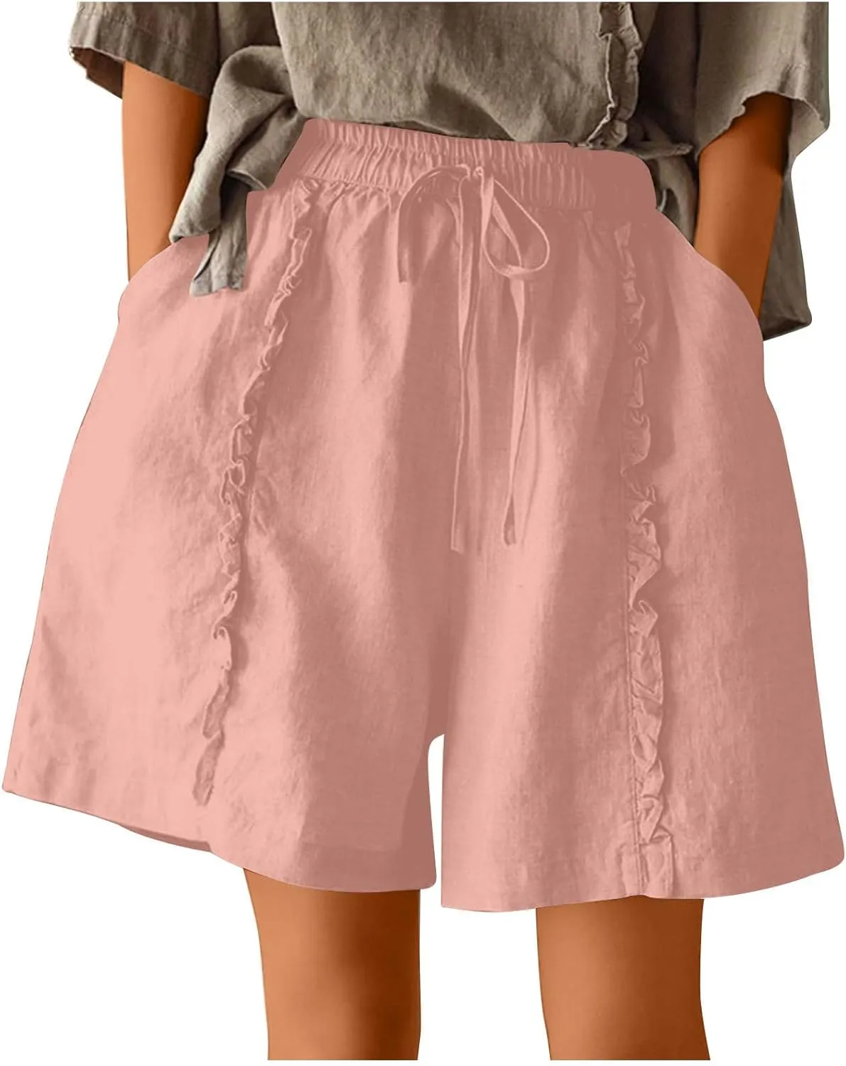 Linen Shorts for Women Casual Wide Leg Short Pants Summer Drawstring Beach Trouser High Waisted Lounge Pant