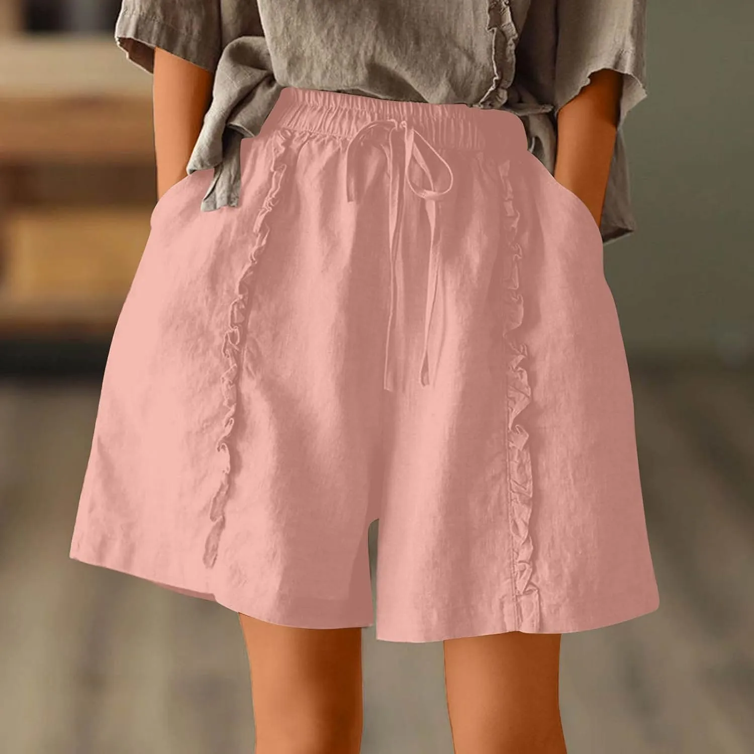 Linen Shorts for Women Casual Wide Leg Short Pants Summer Drawstring Beach Trouser High Waisted Lounge Pant