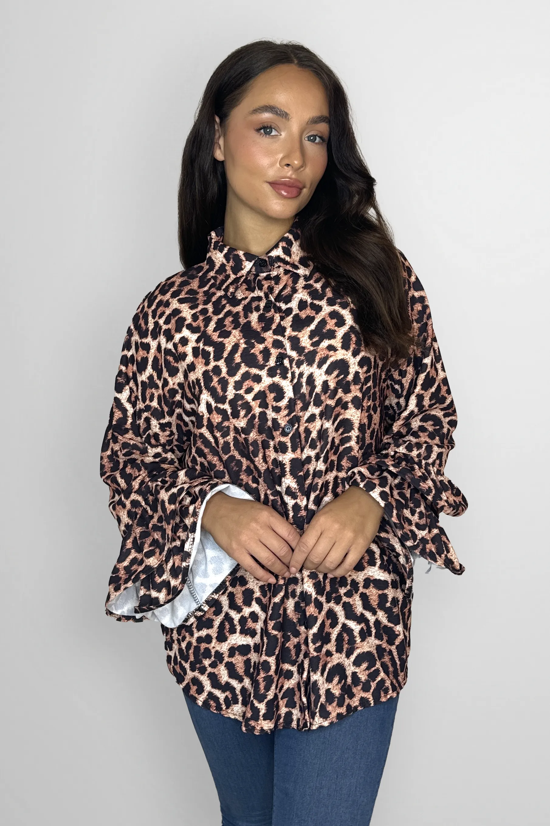 Long Frill Hem Sleeve Elegant Leopard Print Matte Satin Blouse