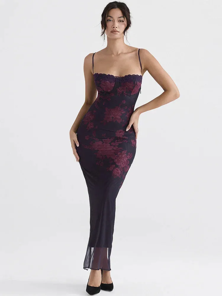 Lucia Deep Purple Floral Lace Bustier Bodycon Maxi DressLuxe Evening & Occasionwear