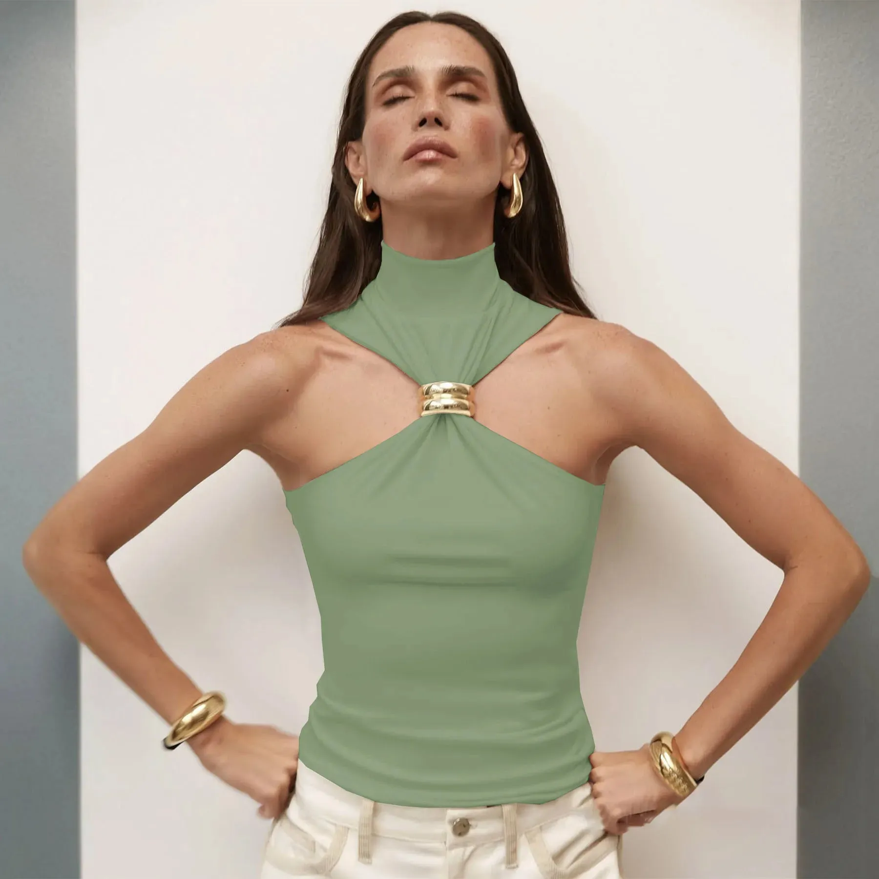 Lucine Sleeveless - High Neck Halter Top with Gold Accent