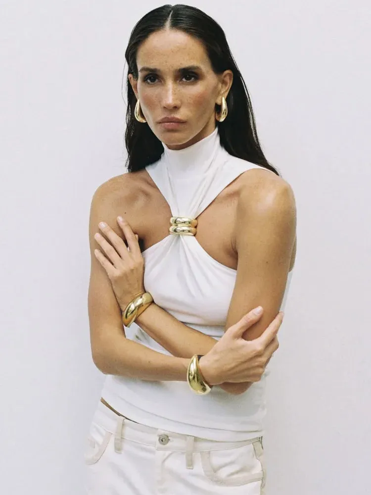 Lucine Sleeveless - High Neck Halter Top with Gold Accent