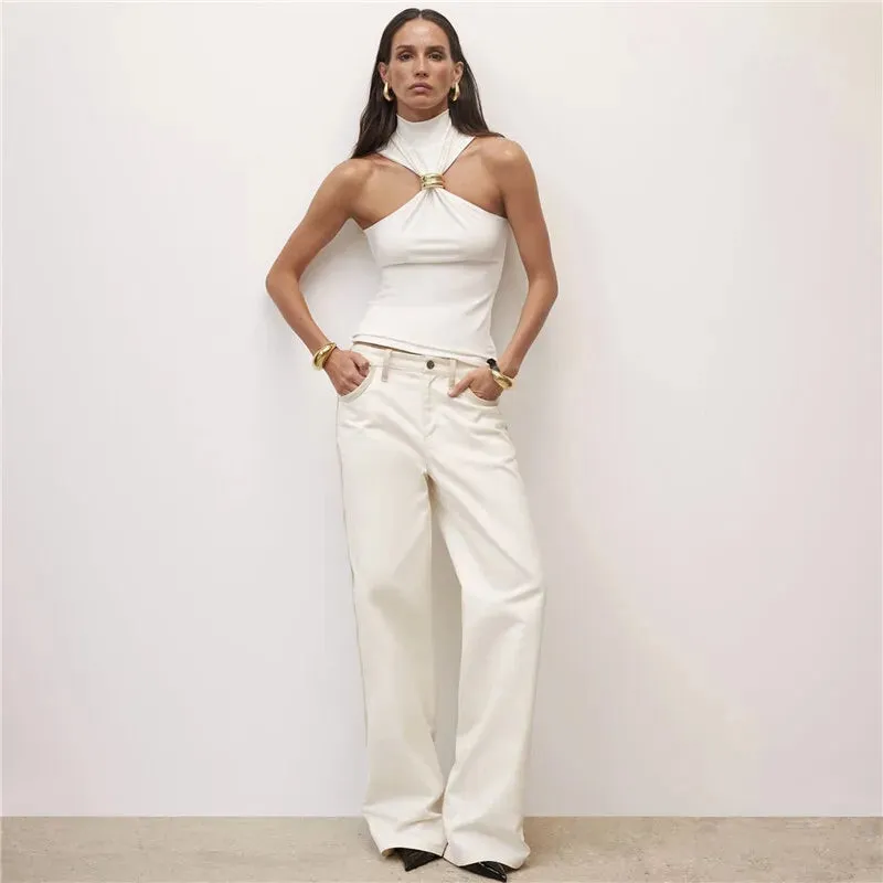 Lucine Sleeveless - High Neck Halter Top with Gold Accent