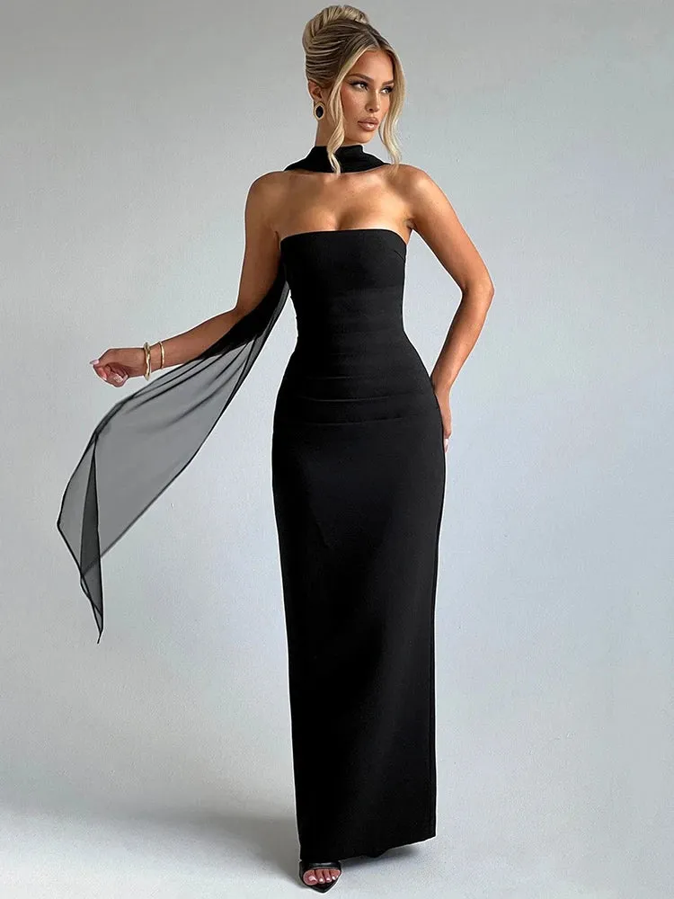 Mireille Strapless Maxi Dress with Sheer Scarf Detail  Formal Evening Gown in Claret, White or Black