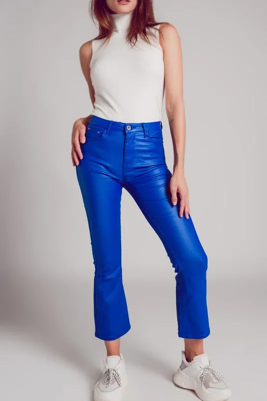 Paige Faux Leather Cropped Flare Pant- Blue