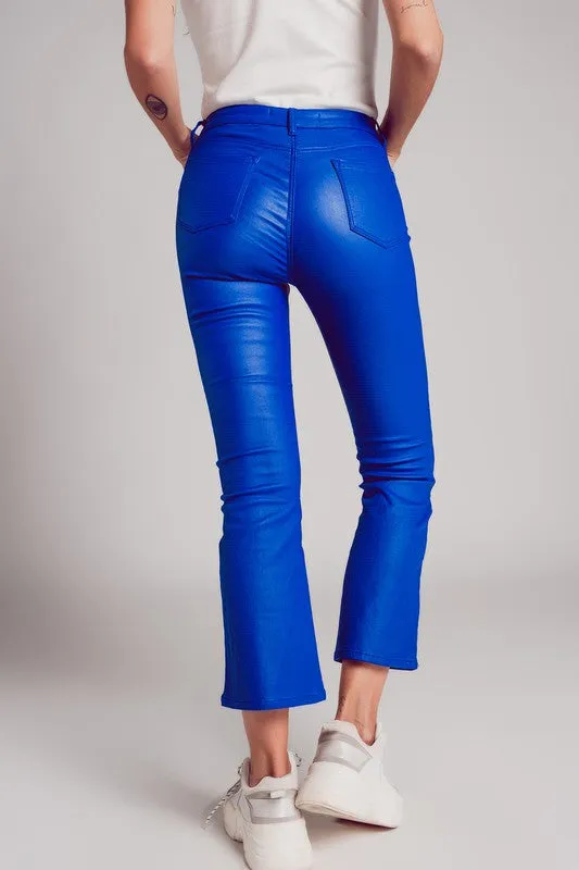 Paige Faux Leather Cropped Flare Pant- Blue