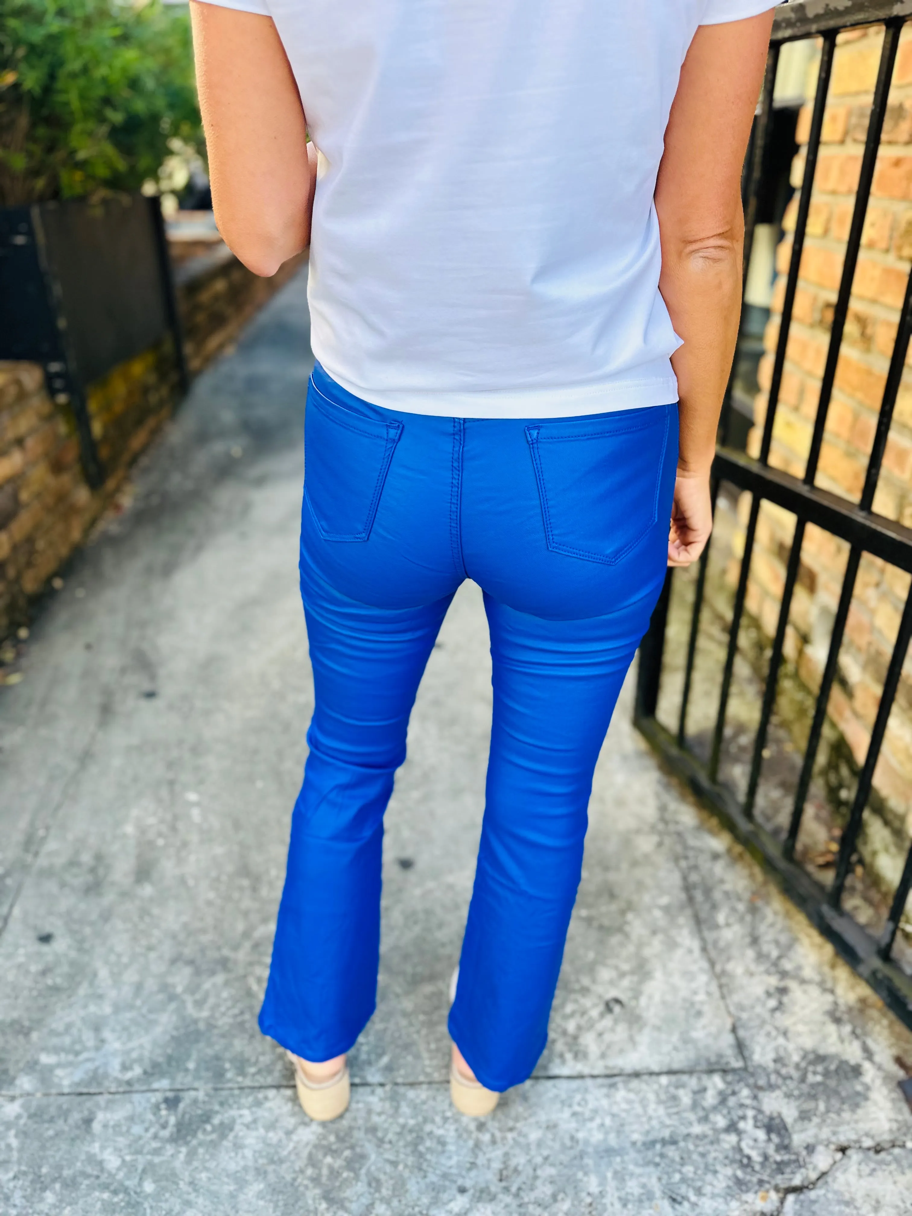 Paige Faux Leather Cropped Flare Pant- Blue