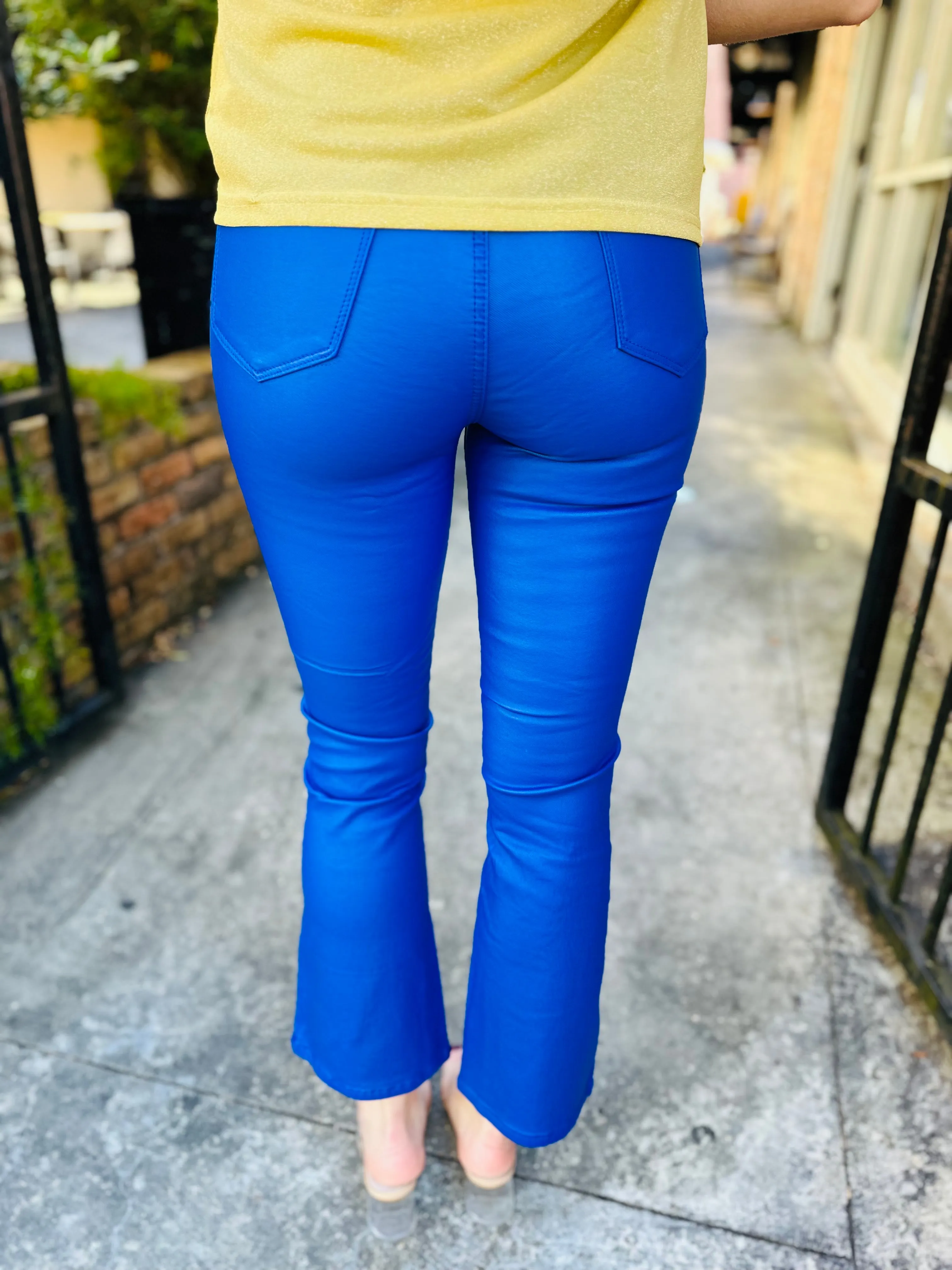 Paige Faux Leather Cropped Flare Pant- Blue