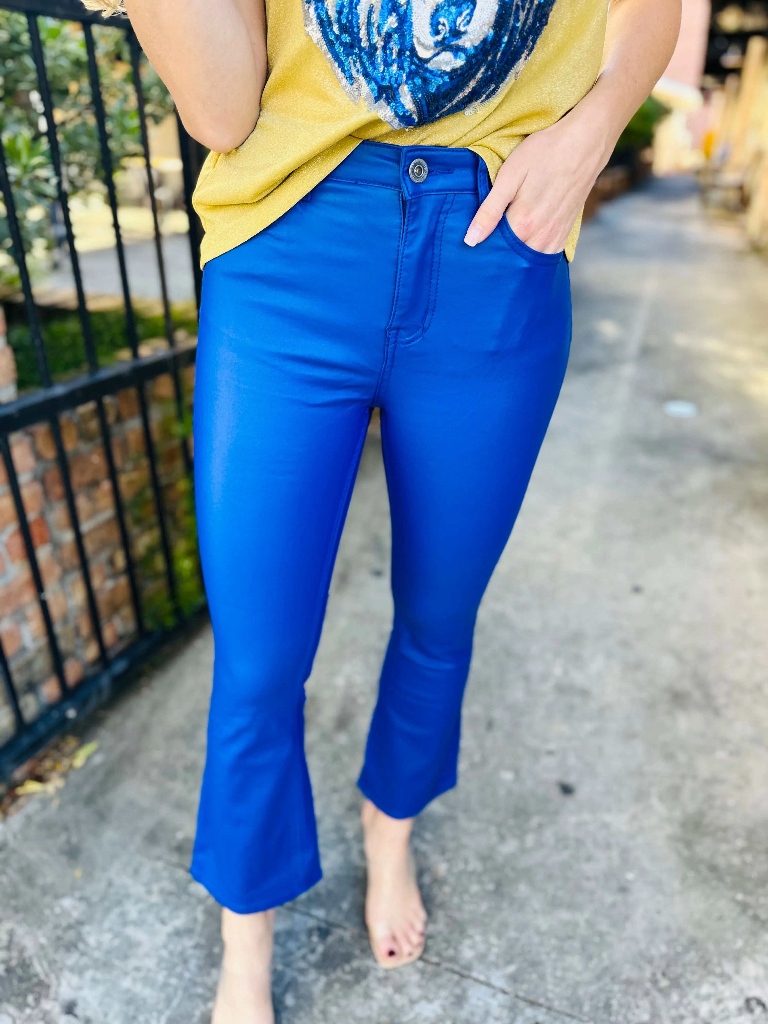 Paige Faux Leather Cropped Flare Pant- Blue
