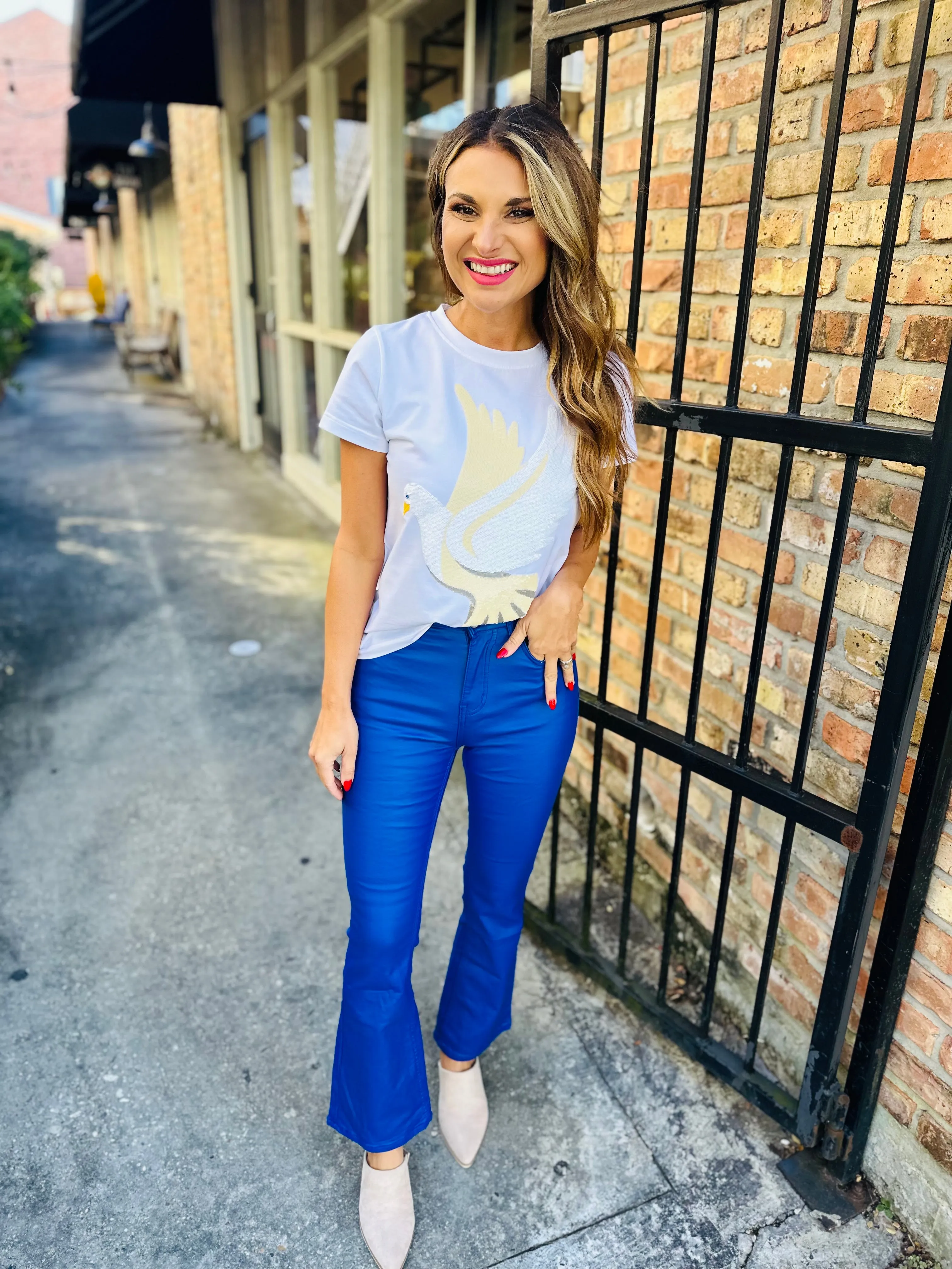 Paige Faux Leather Cropped Flare Pant- Blue