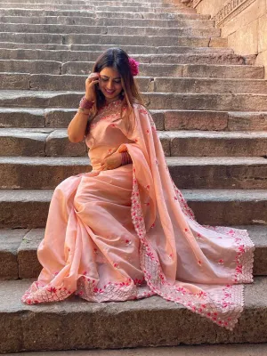 Peach Organza Embroidery Saree