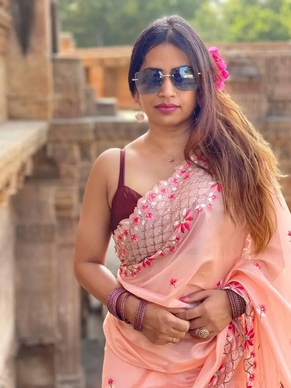 Peach Organza Embroidery Saree