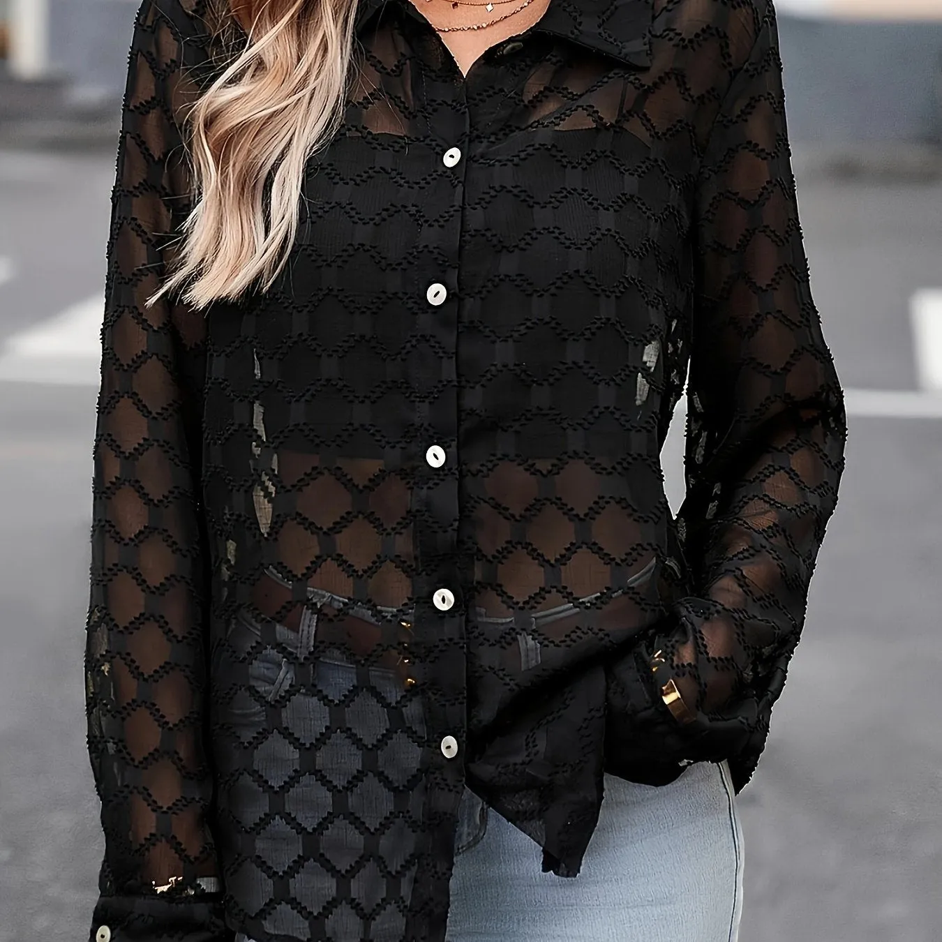 Plus Size Elegant Collar Jacquard Blouse - Comfortable Long Sleeve Button-Down with Relaxed Fit - Perfect for Spring, Womens Plus Size Clothing