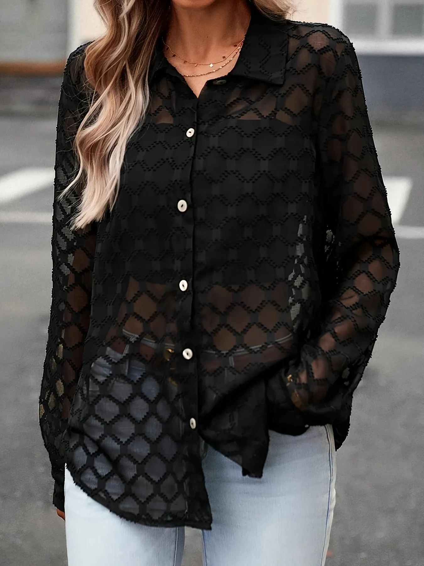 Plus Size Elegant Collar Jacquard Blouse - Comfortable Long Sleeve Button-Down with Relaxed Fit - Perfect for Spring, Womens Plus Size Clothing