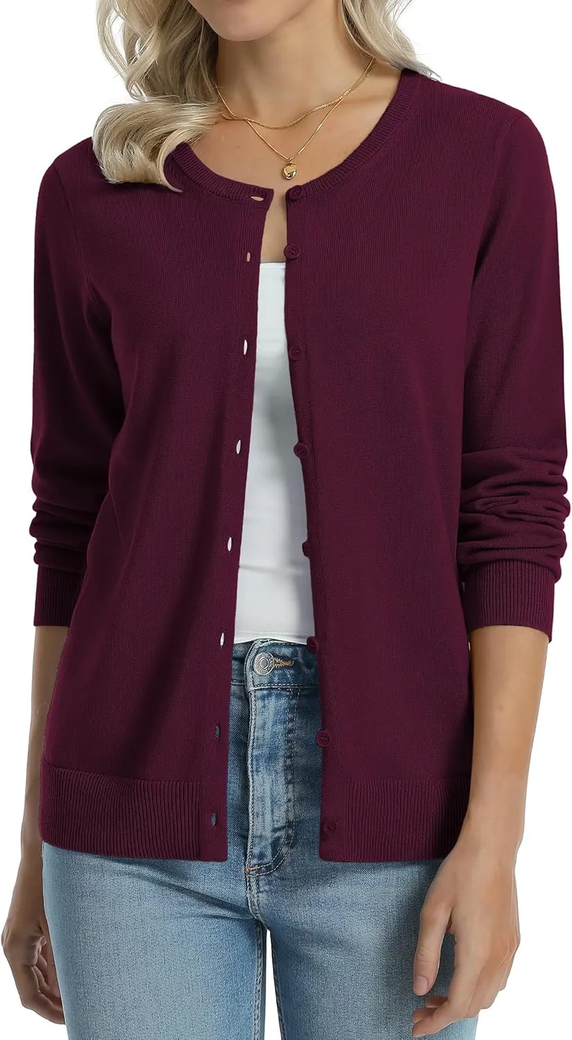 QUALFORT Women's 100% Cotton Lightweight Cardigans Long Sleeve Knitted Button Down Sweater