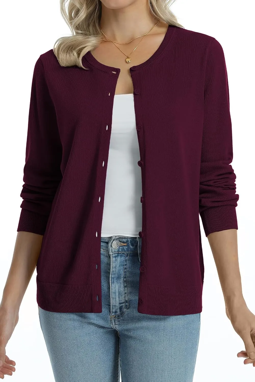 QUALFORT Women's 100% Cotton Lightweight Cardigans Long Sleeve Knitted Button Down Sweater