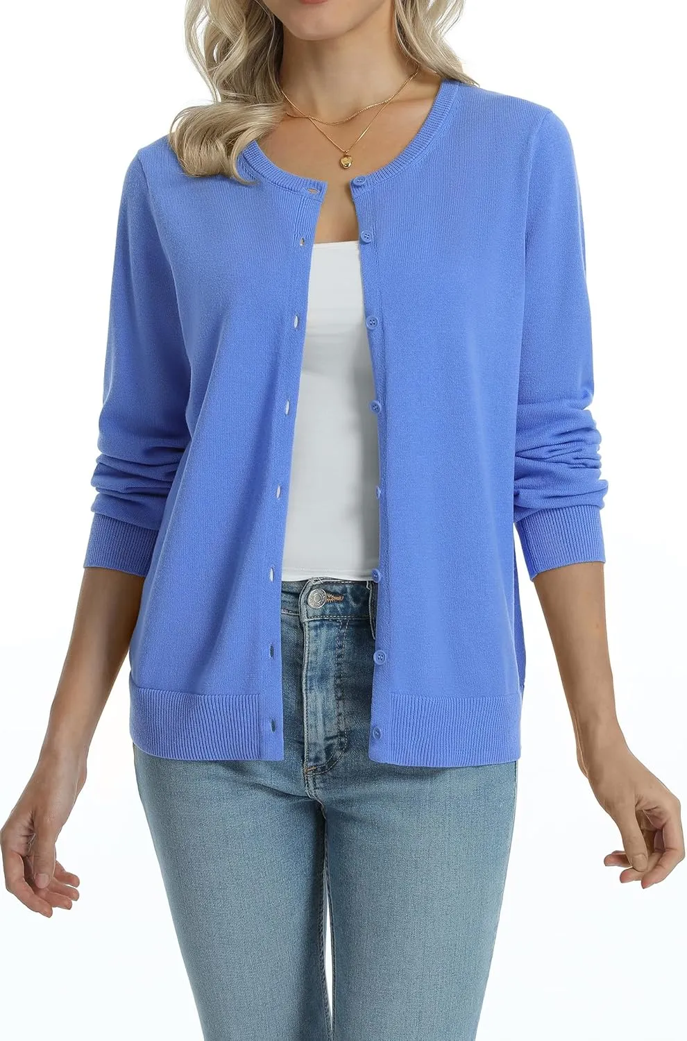 QUALFORT Women's 100% Cotton Lightweight Cardigans Long Sleeve Knitted Button Down Sweater