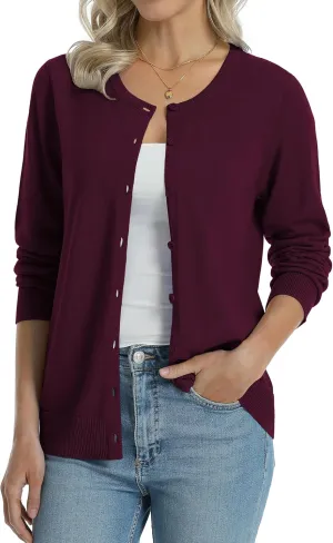 QUALFORT Women's 100% Cotton Lightweight Cardigans Long Sleeve Knitted Button Down Sweater