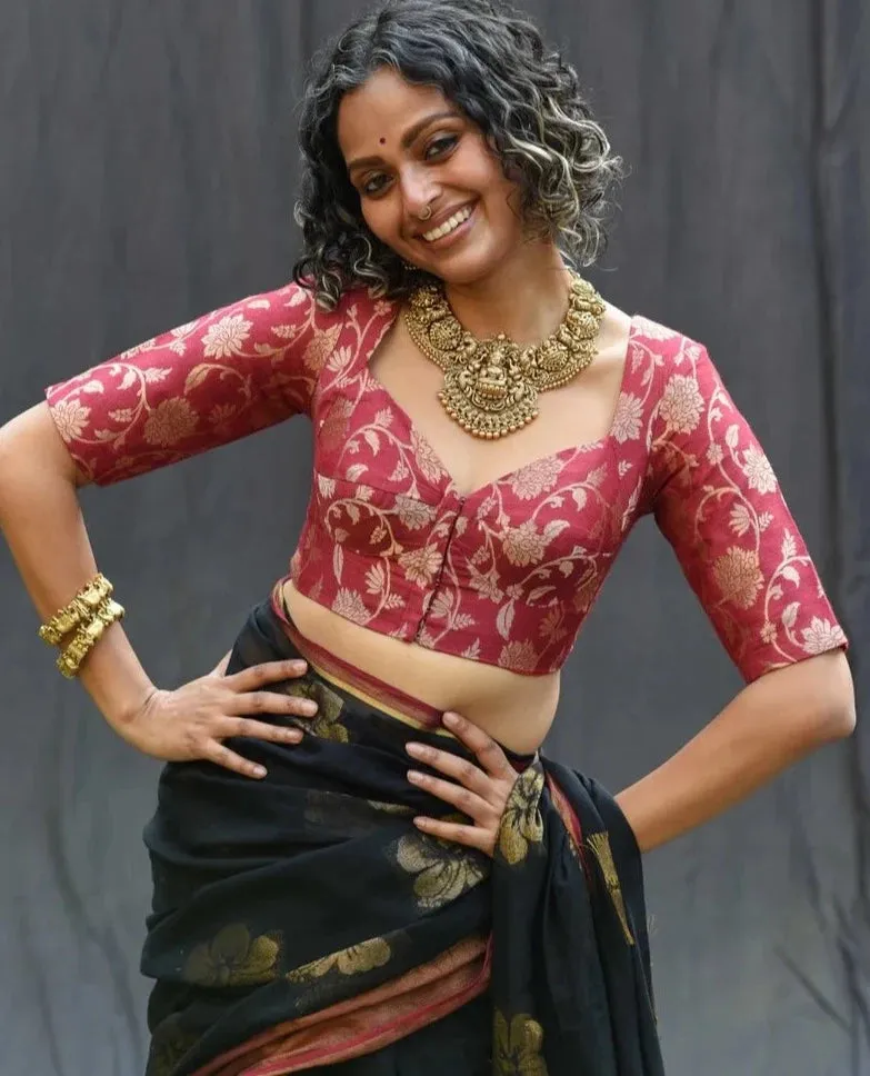 Readymade Beautiful Maroon Silk Blouse With Sweetheart Neckline