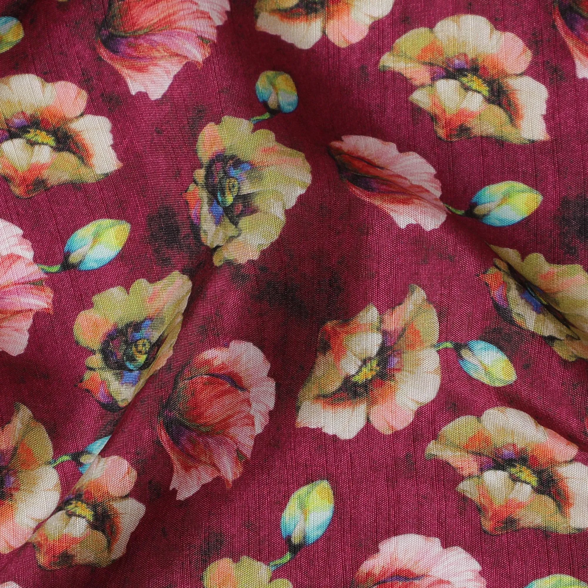 Rich Burgundy and Yellow Floral Viscose Modal Satin Fabric - 110 cm Width-D19982