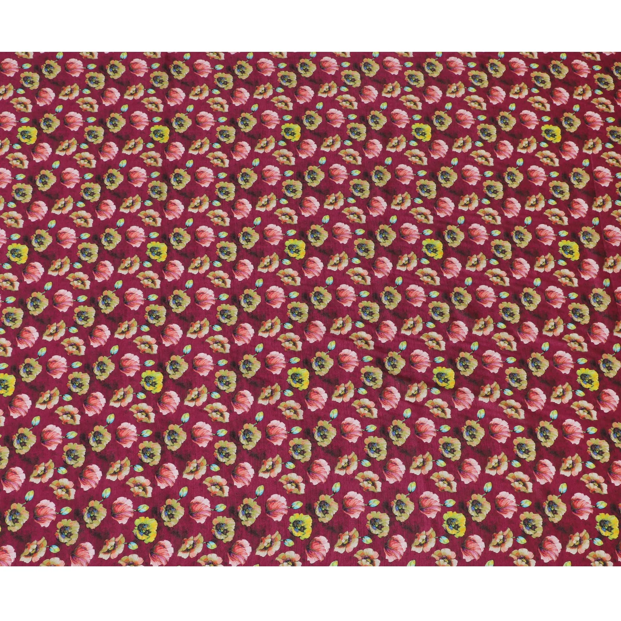 Rich Burgundy and Yellow Floral Viscose Modal Satin Fabric - 110 cm Width-D19982