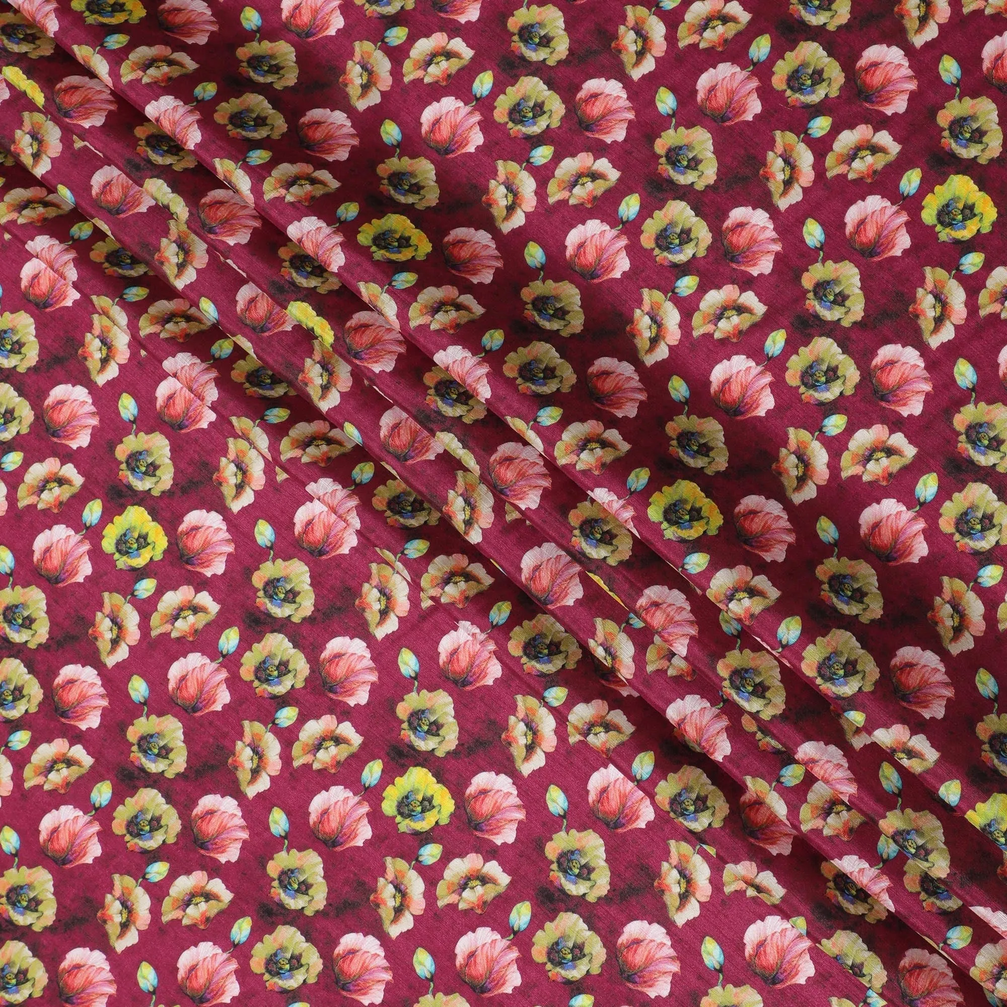 Rich Burgundy and Yellow Floral Viscose Modal Satin Fabric - 110 cm Width-D19982