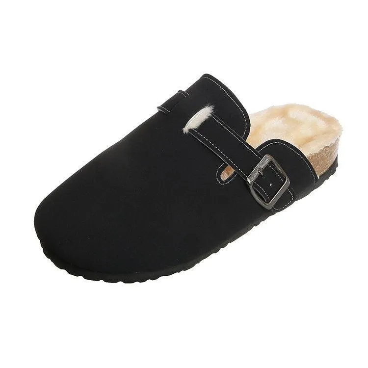 Round Head Comfortable Casual Flat Bottom Plus Fluffy  Lazy Half Slippers Female Trend