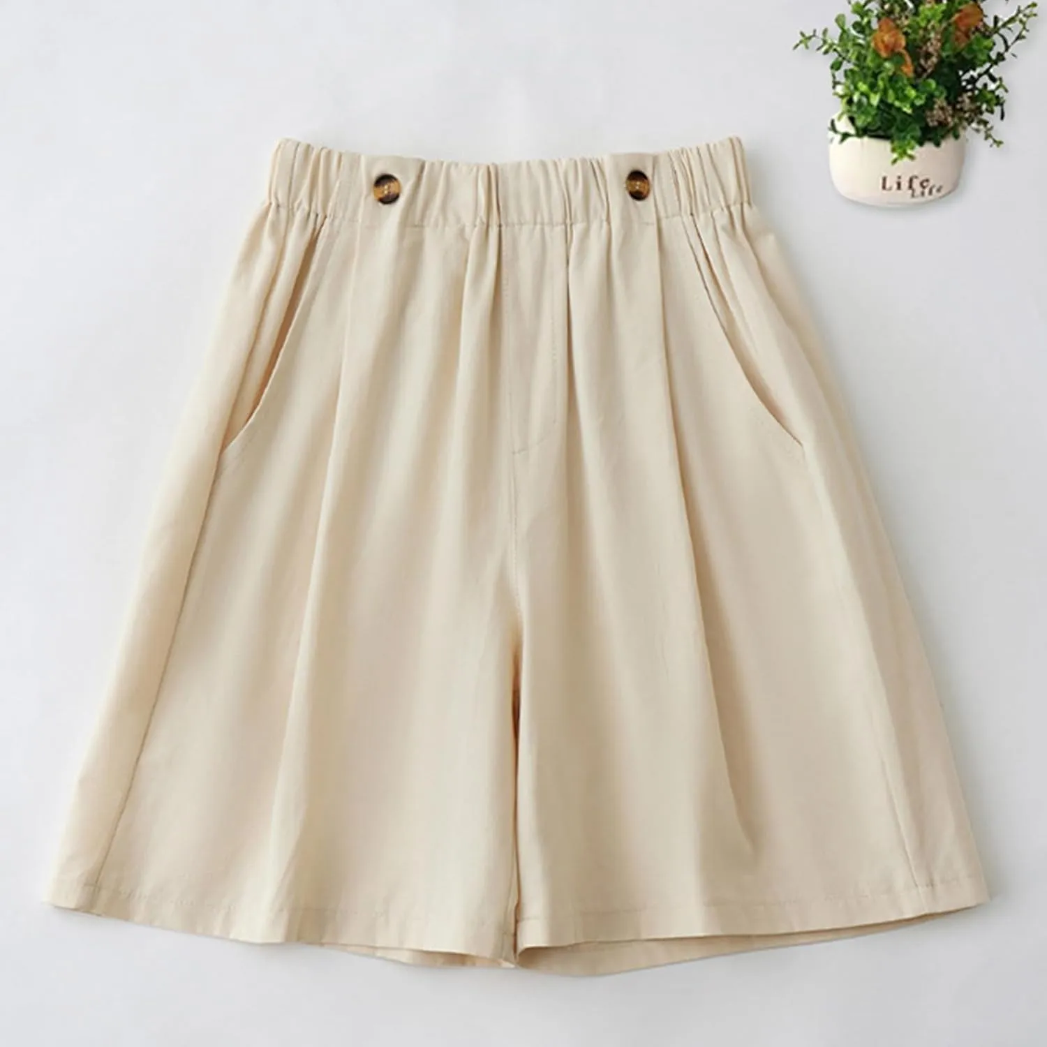 Shorts for Women High Waisted Dressy Casual Cotton Comfy Elastic Wasited Pleated Summer Lounge Shorts with Pocket