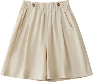 Shorts for Women High Waisted Dressy Casual Cotton Comfy Elastic Wasited Pleated Summer Lounge Shorts with Pocket