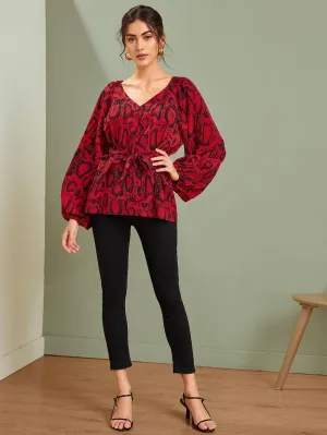 Snakeskin V-neck Self Tie Blouse