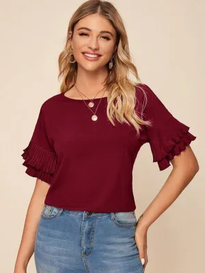 Solid Pleated Flounce Sleeve Blouse