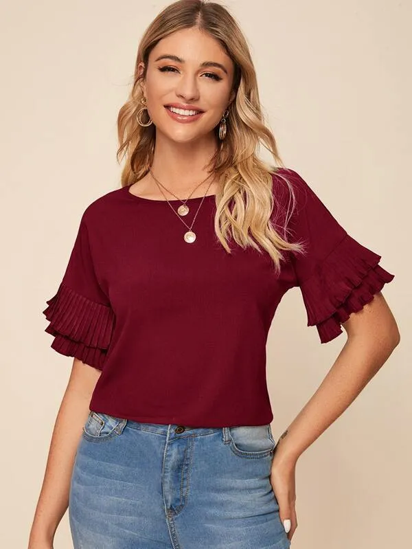 Solid Pleated Flounce Sleeve Blouse