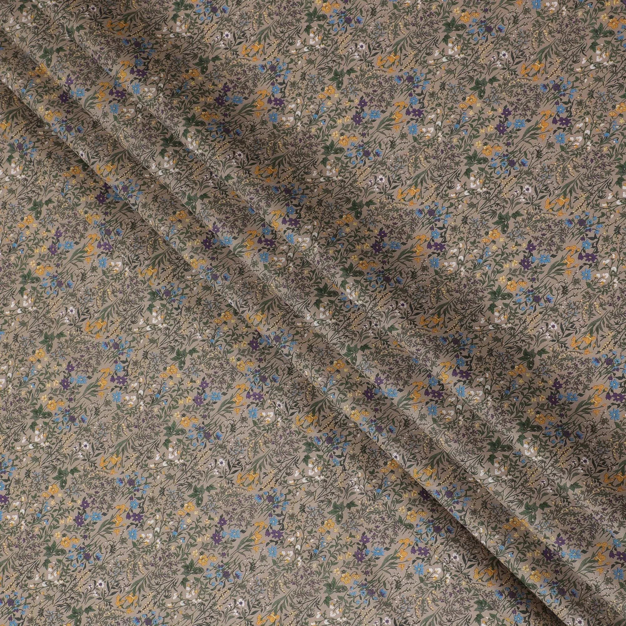Sophisticated Taupe Floral Cotton Lawn Fabric with Yellow and Blue Blossoms, 110 cm Wide, Japanese Design-D19557