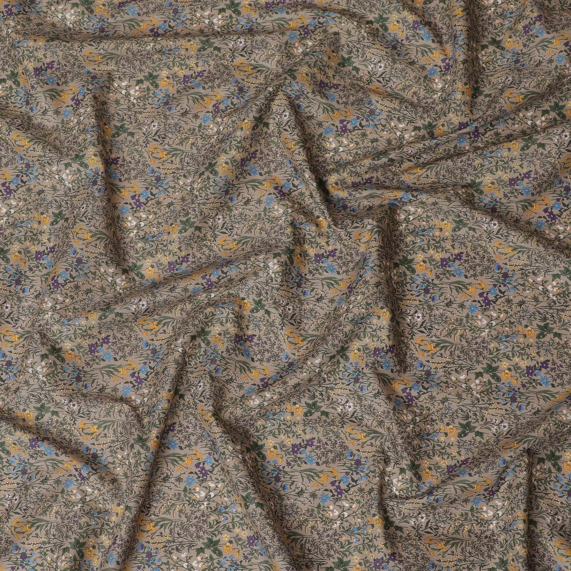 Sophisticated Taupe Floral Cotton Lawn Fabric with Yellow and Blue Blossoms, 110 cm Wide, Japanese Design-D19557