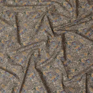 Sophisticated Taupe Floral Cotton Lawn Fabric with Yellow and Blue Blossoms, 110 cm Wide, Japanese Design-D19557