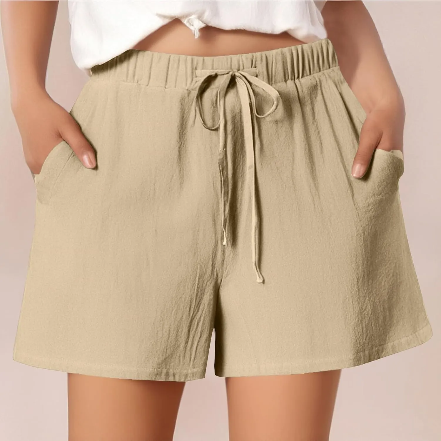 Summer Shorts for Women Baggy High Rise Linen Shorts Vacation Straight Elastic with Pocket Solid Loose Fit Pants 2025