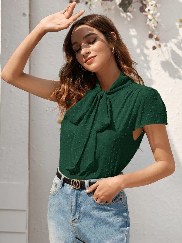 Swiss Dot Tie Neck Blouse