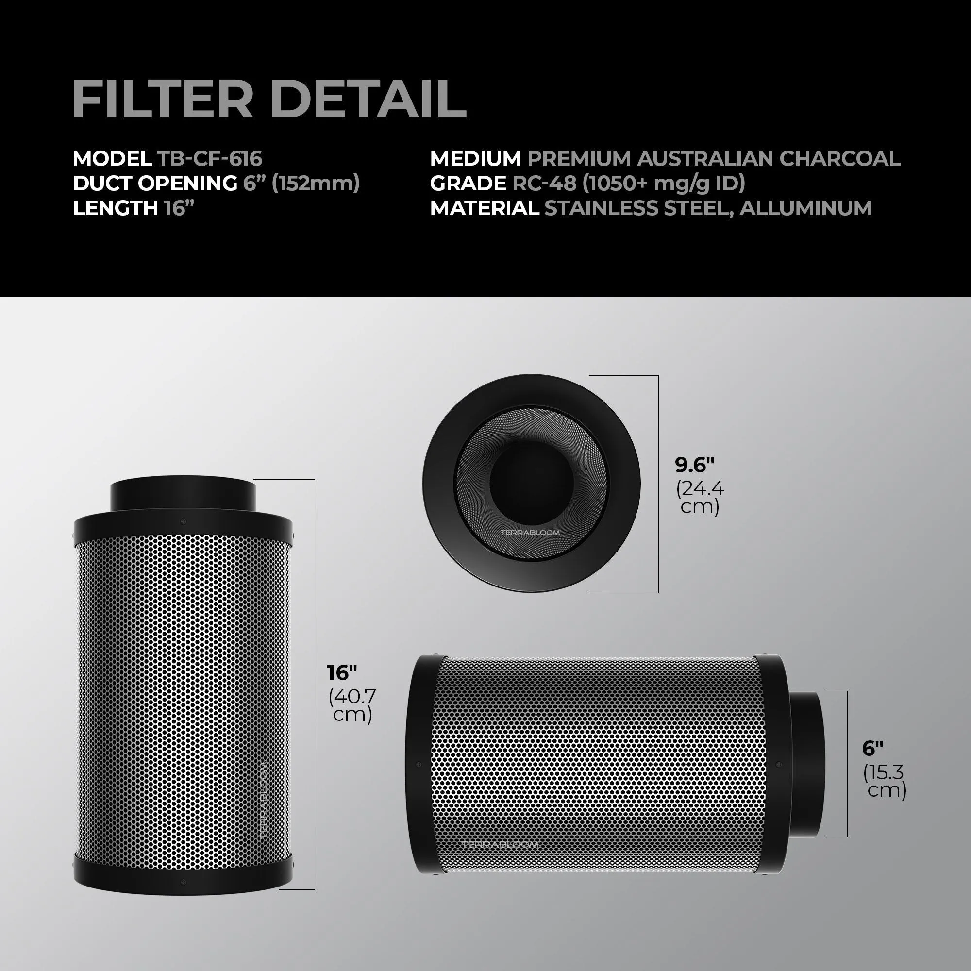 TerraBloom 6" Air Filter 16" Long, 1.8" (46mm) Thick, Airflow up to 400 CFM